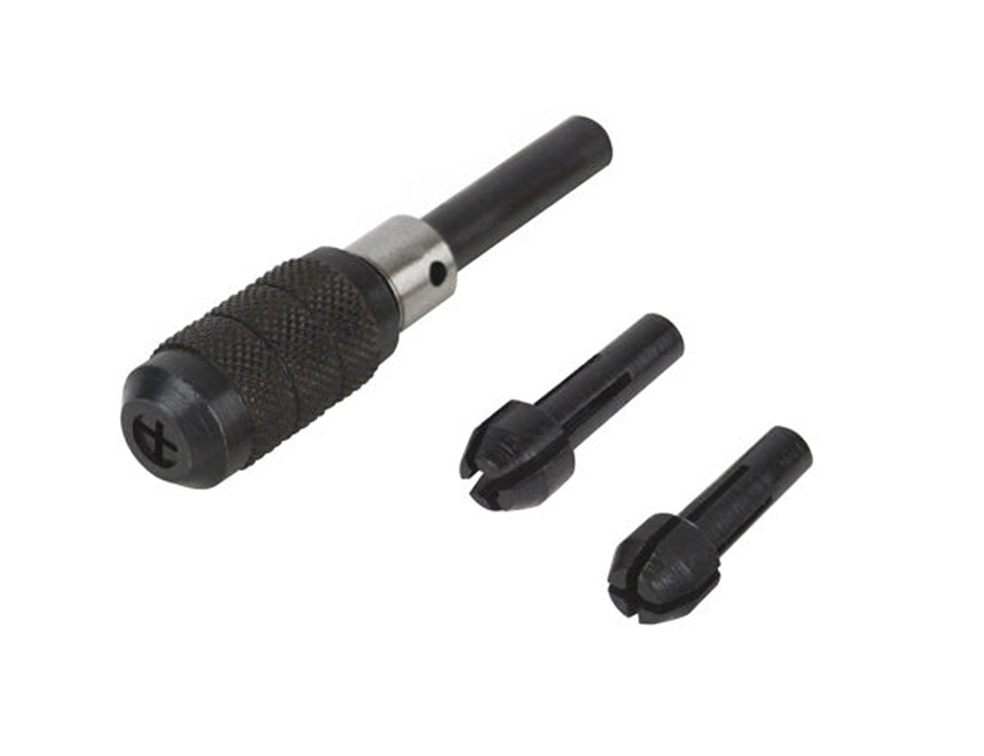 Pin chuck set with three collets for holding small twist drills 0 to 2.5 mm
