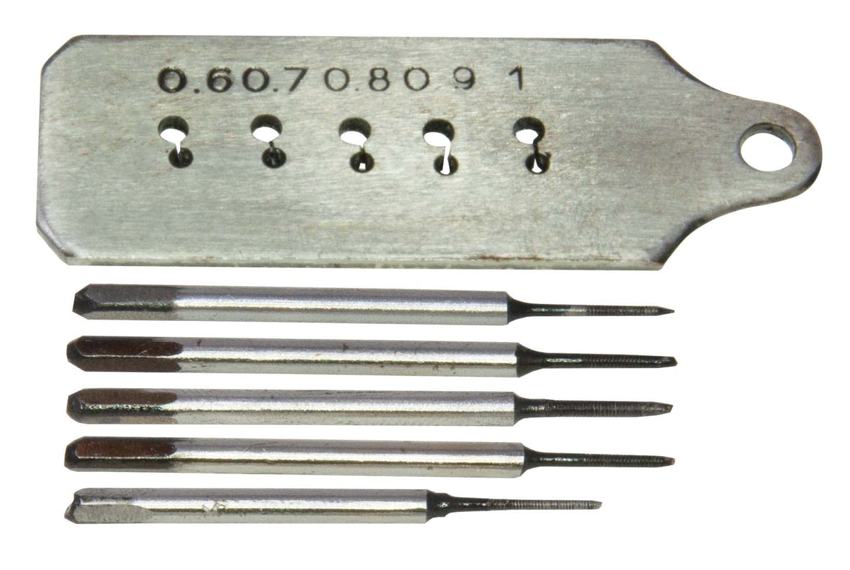 Screw Plate 0.6-1mm with five matching taps for precise miniature threading in soft metals.