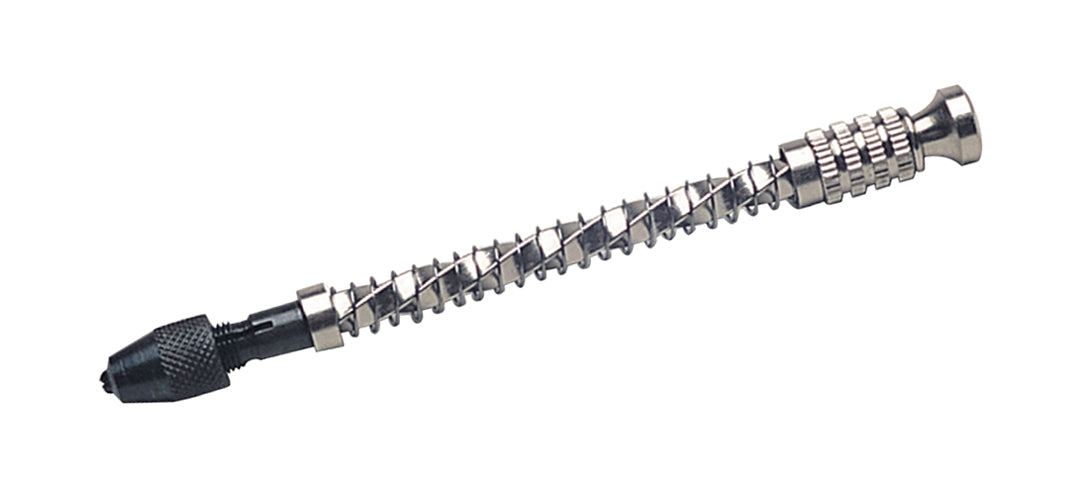 European-made spiral hand drill with steel chuck and spring-loaded shaft for precision drilling in tight spaces