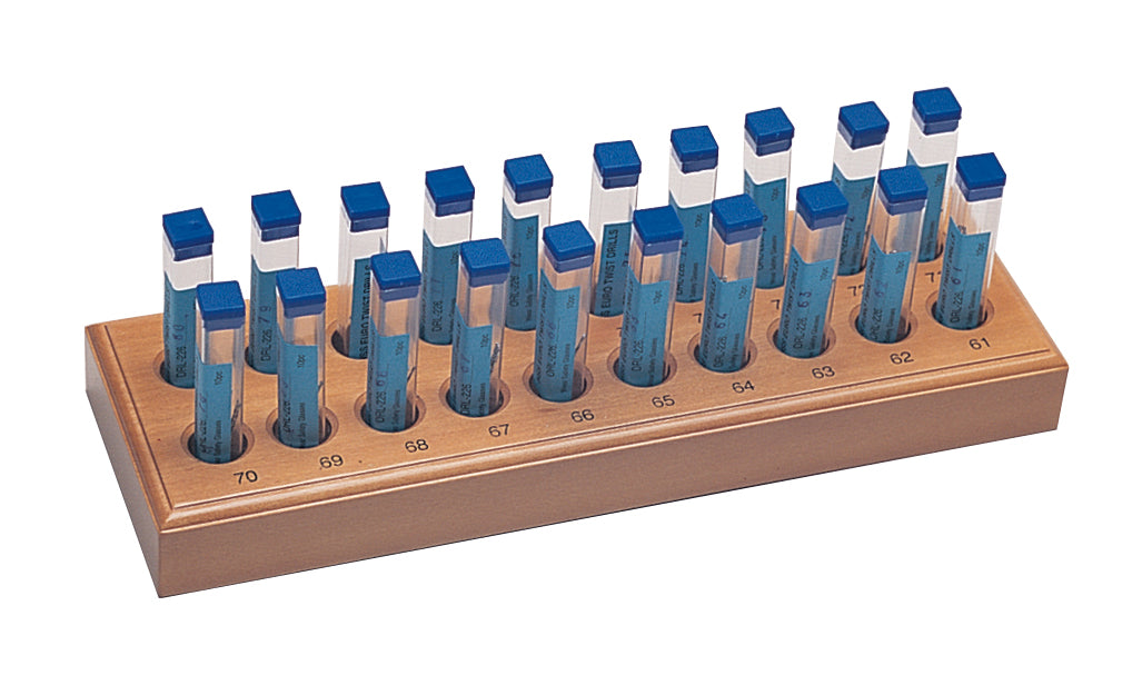200-Piece HSS drill bits in blue tubes organized in wooden stand sizes 61 to 70
