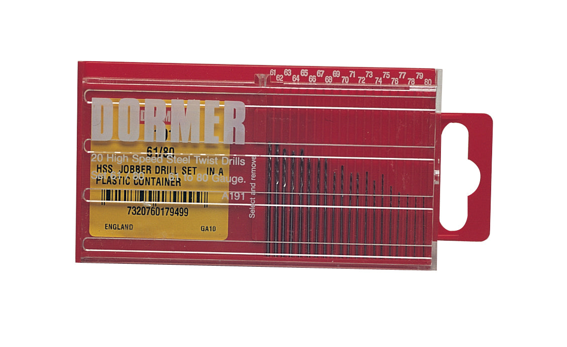 Dormer Drill Set #61-80 20-piece high-speed steel twist drills in red plastic case with slide cover