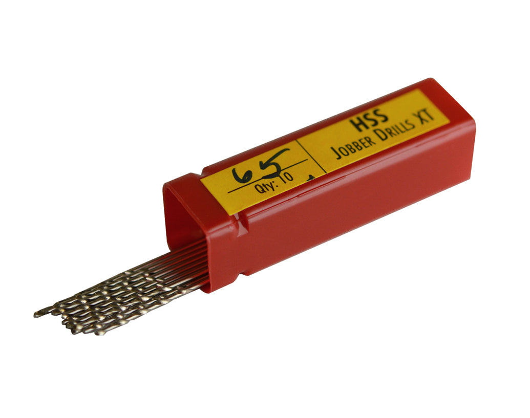 Euro-Quality HSS Twist Drills #65 pack of 10 in red case for precise small-diameter drilling