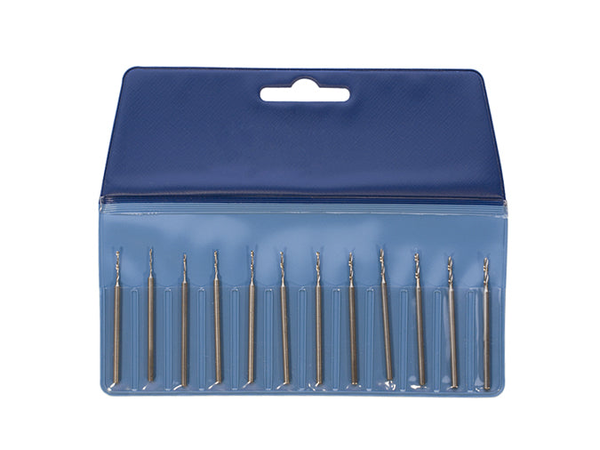 12 Piece Assorted Twist Drill Set with polished steel bits in 0.50-1.60 mm sizes for electronics and light metalwork