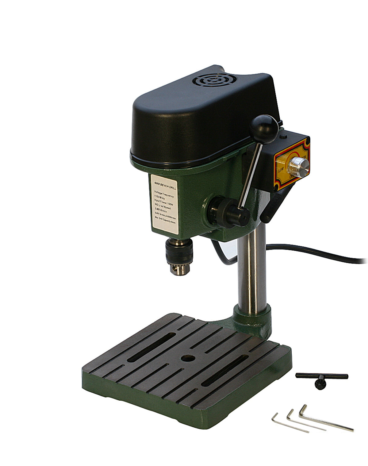 Variable Speed Benchtop Mini Drill Press with 3-jaw chuck and adjustable speed controls for precise drilling in small workshops
