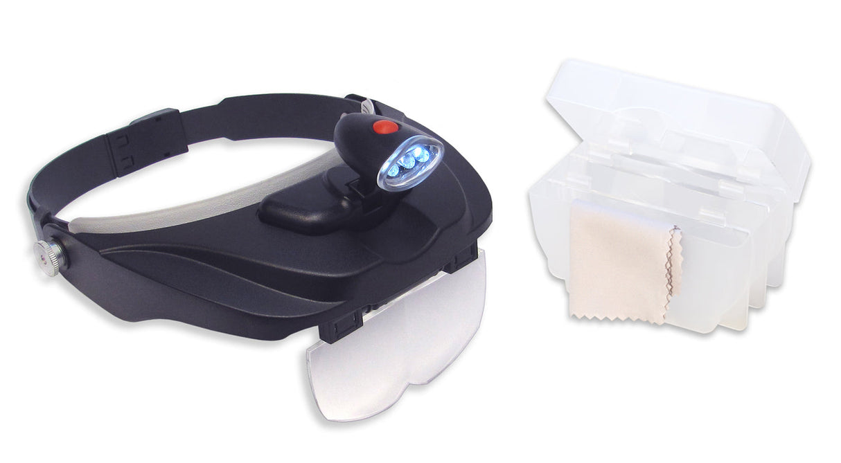 Headband magnifier with adjustable LED light and protective case for hands-free close-up work