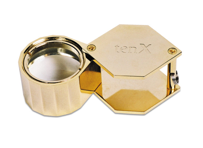 21.5 mm lens large 10X gold hexagonal eye loupe with twelve-faceted head and leather case