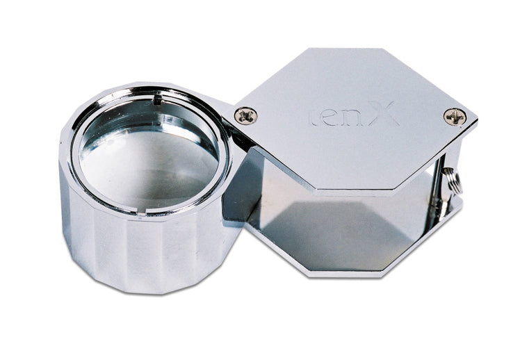 21.5 MM large 10X silver hexagonal eye loupe with twelve-faceted head and leather case