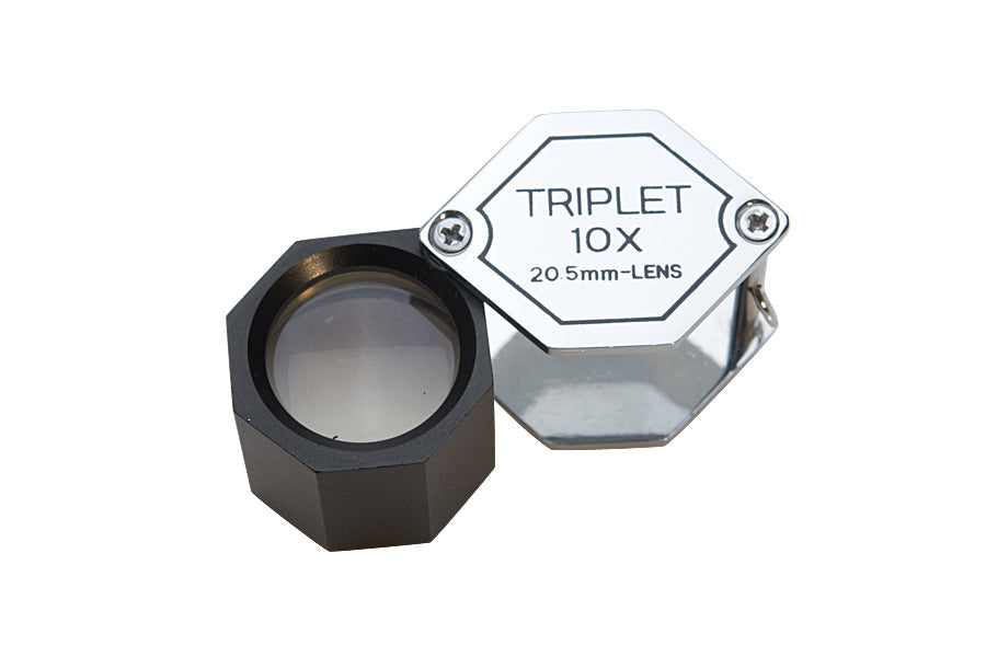 20.5 MM 10X chrome hexagonal eye loupe with triplet lens and black housing
