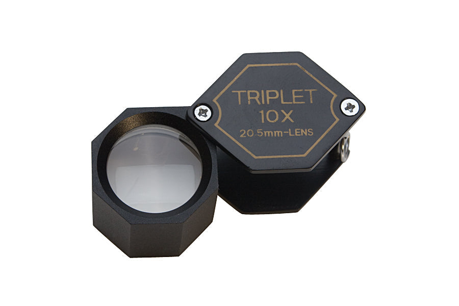 20.5 MM - 10X black eye loupe with triplet lens and hex-shaped body for detailed inspection
