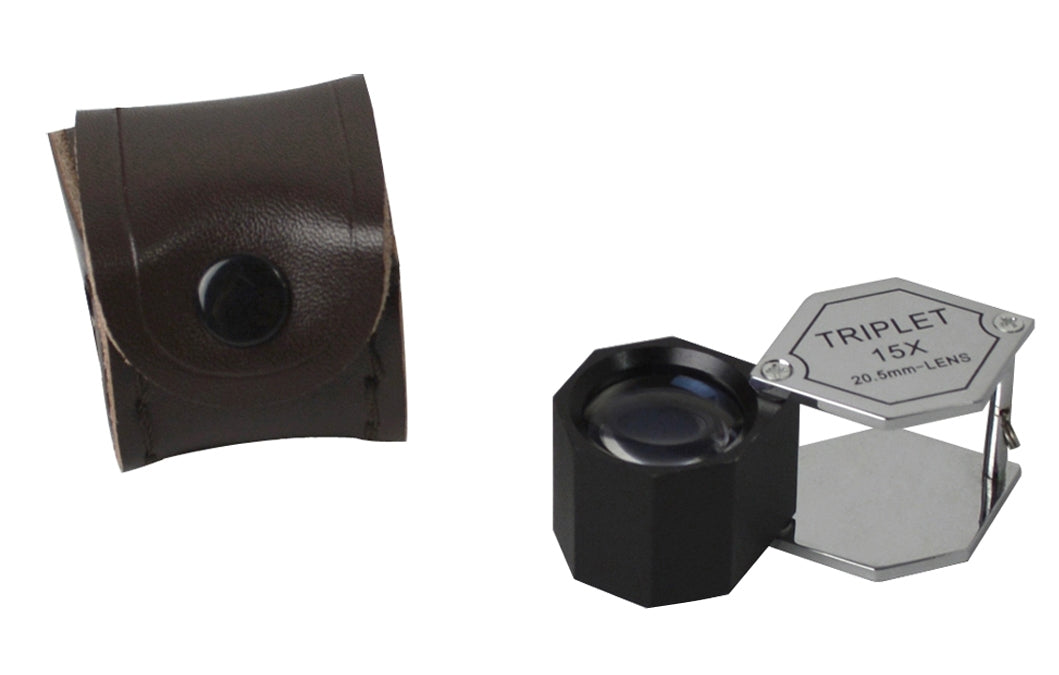 20.5 MM 15X chrome and black hexagonal eye loupe with protective leather case