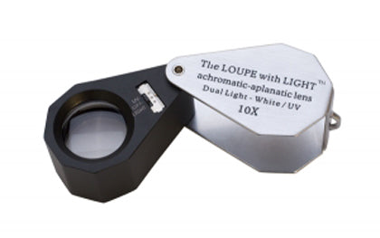 21 MM 10X black LED lighted eye loupe with triplet lens and dual LED illumination for detailed close-up viewing