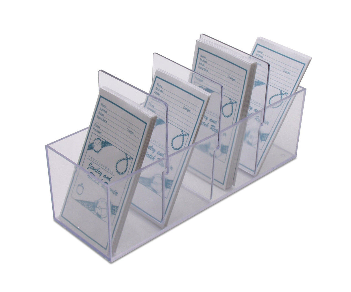 Clear plastic envelope holder with three dividers for organizing standard-size envelopes upright on desks or shelves