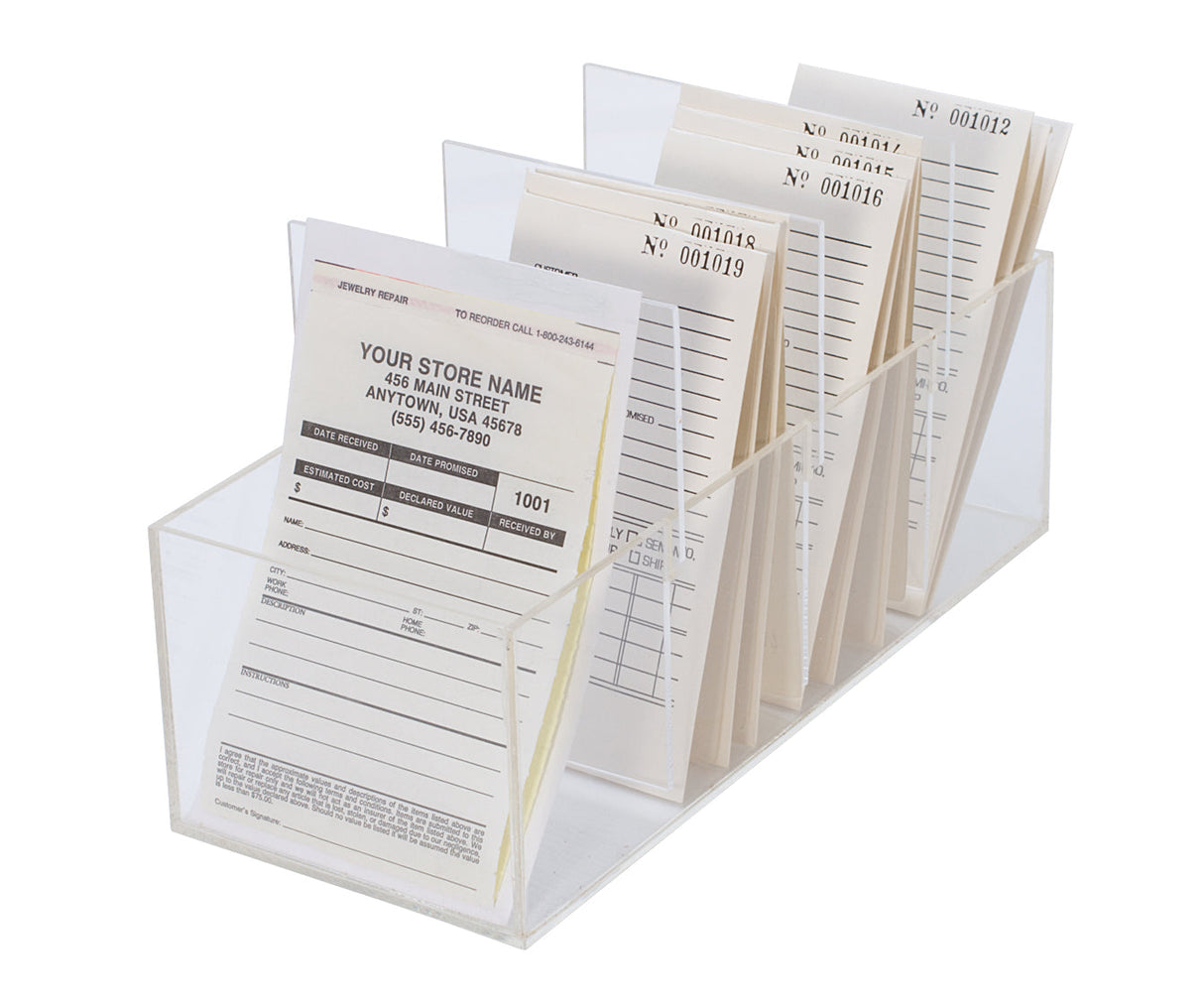 Clear acrylic wide plastic envelope holder with three dividers organizing repair envelopes upright on a desk