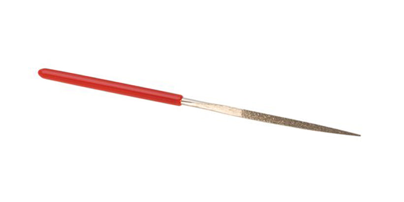3-Square Diamond File with red handle and diamond-coated three-square tip for precision metalworking and jewelry tasks, 5-1/2 inch length
