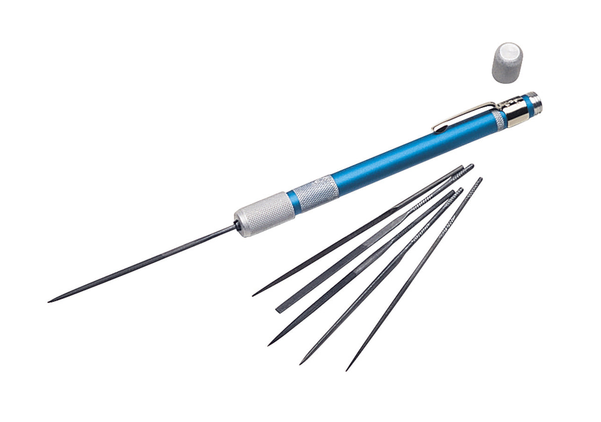 6 piece pocket file set with anodized handle and knurled grip for precise deburring and finishing