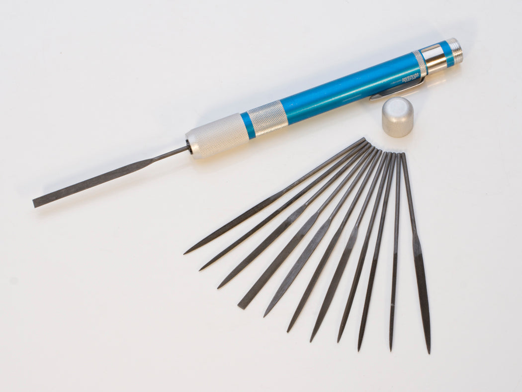 12 piece file set with large anodized handle and 4-inch cut-2 files for metal, wood, and plastic shaping