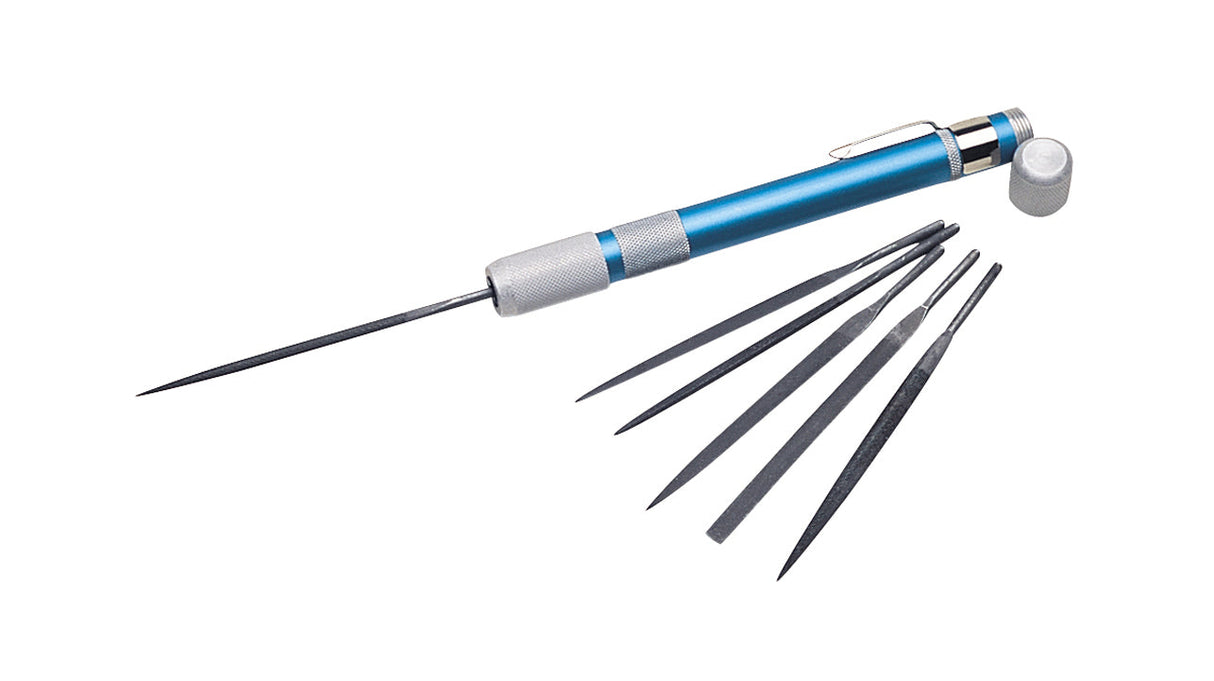 6 Piece File Set with 140mm cut-to-fit files, aluminum anodized handle, and non-roll pocket clip for precise metalworking and compact storage.