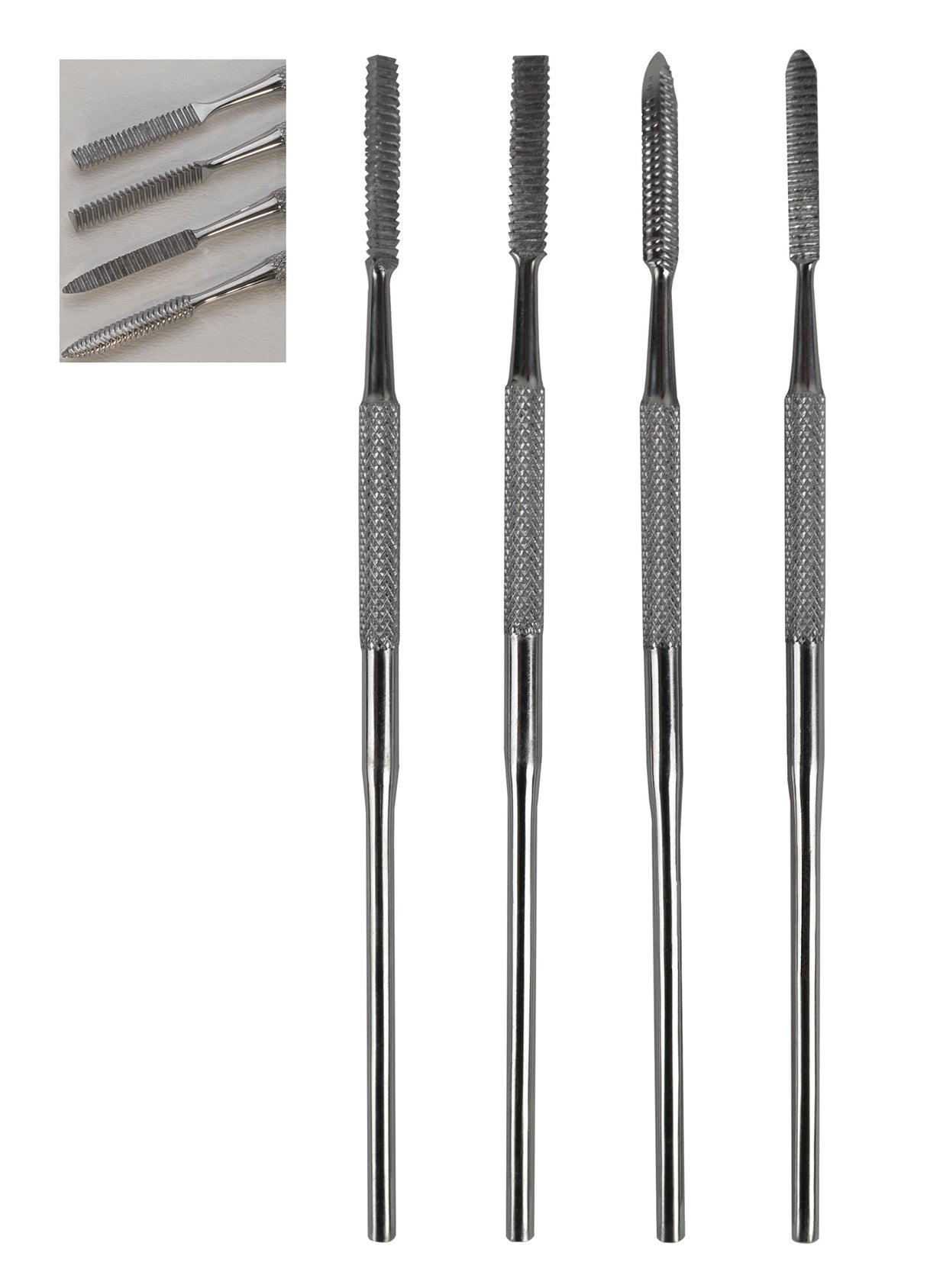 4-piece wax carving file set with single cut teeth and pen-style grip for detailed sculpting