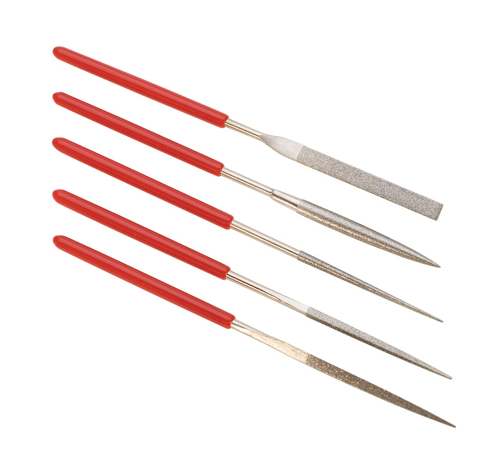 5-piece diamond needle file set with red handles for precision metalwork