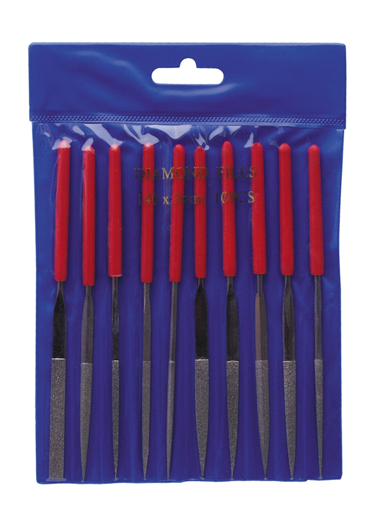 10 piece diamond needle file set with red handles in blue pouch for precision metalworking and jewelry crafting