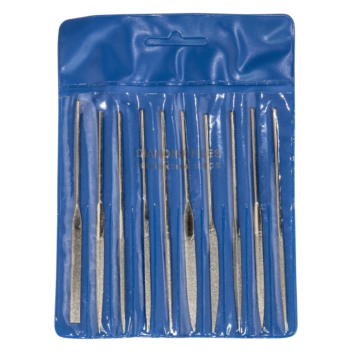 10-piece diamond needle file set in blue pouch for precise metalworking and jewelry projects