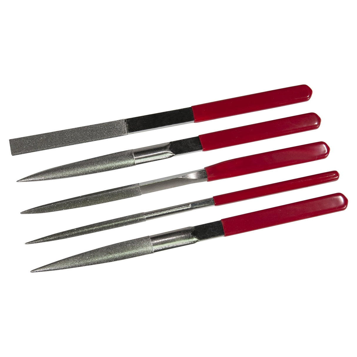 5-piece diamond file set with red handles and varied shapes for precision metalworking