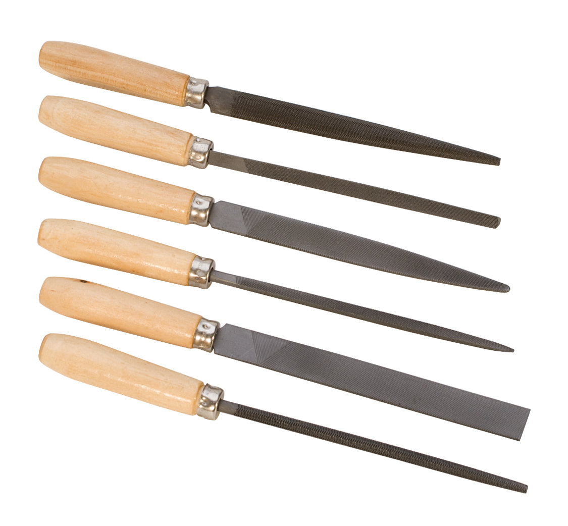 6-piece key file set with wooden handles for precise wax, wood, and jewelry filing tasks