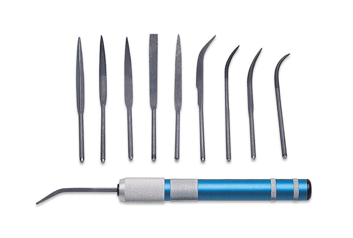 10-piece riffler file set with anodized aluminum handle and multiple precision shaping files for metal and woodwork