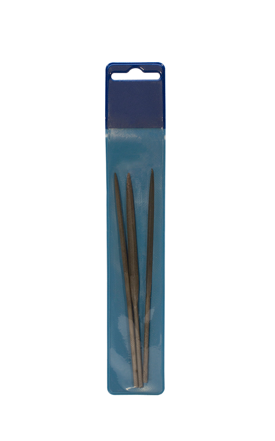 3 Piece Needle File Set with round, three-square, and half-round profiles in blue packaging