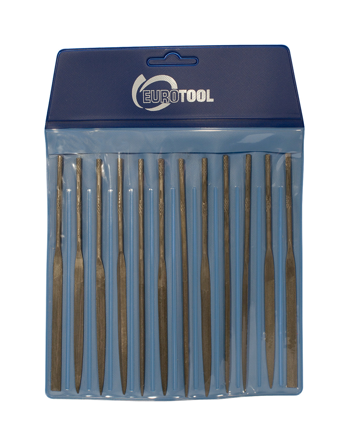12-piece Eurotool needle file set with 5.5-inch precision files for metalworking and crafts