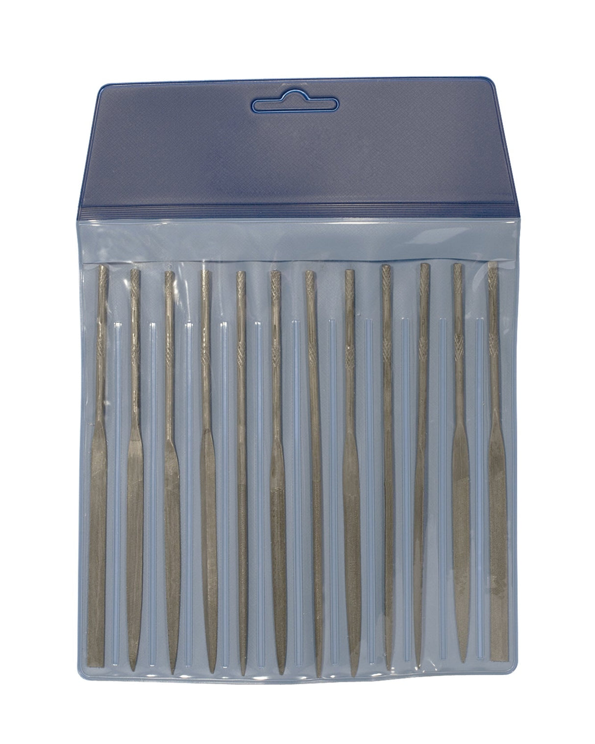 12-piece needle file set cut 0 with various file shapes in plastic pouch for precision metalworking and jewelry projects