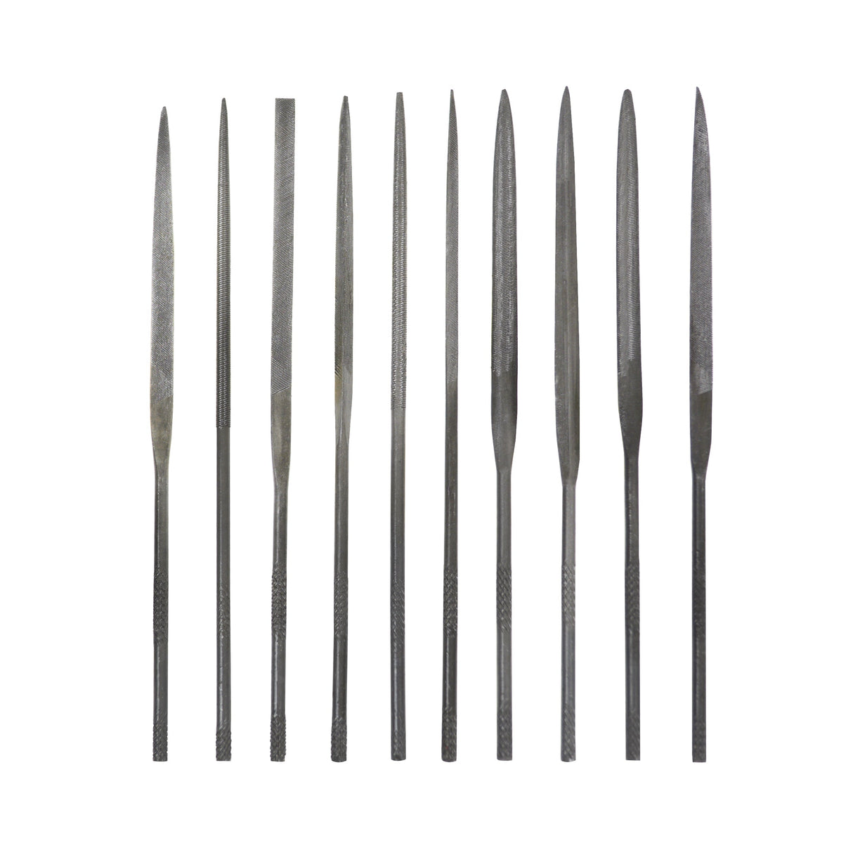 Set of 10 assorted 14 cm steel file needles for precision filing and wax carving in a plastic pouch