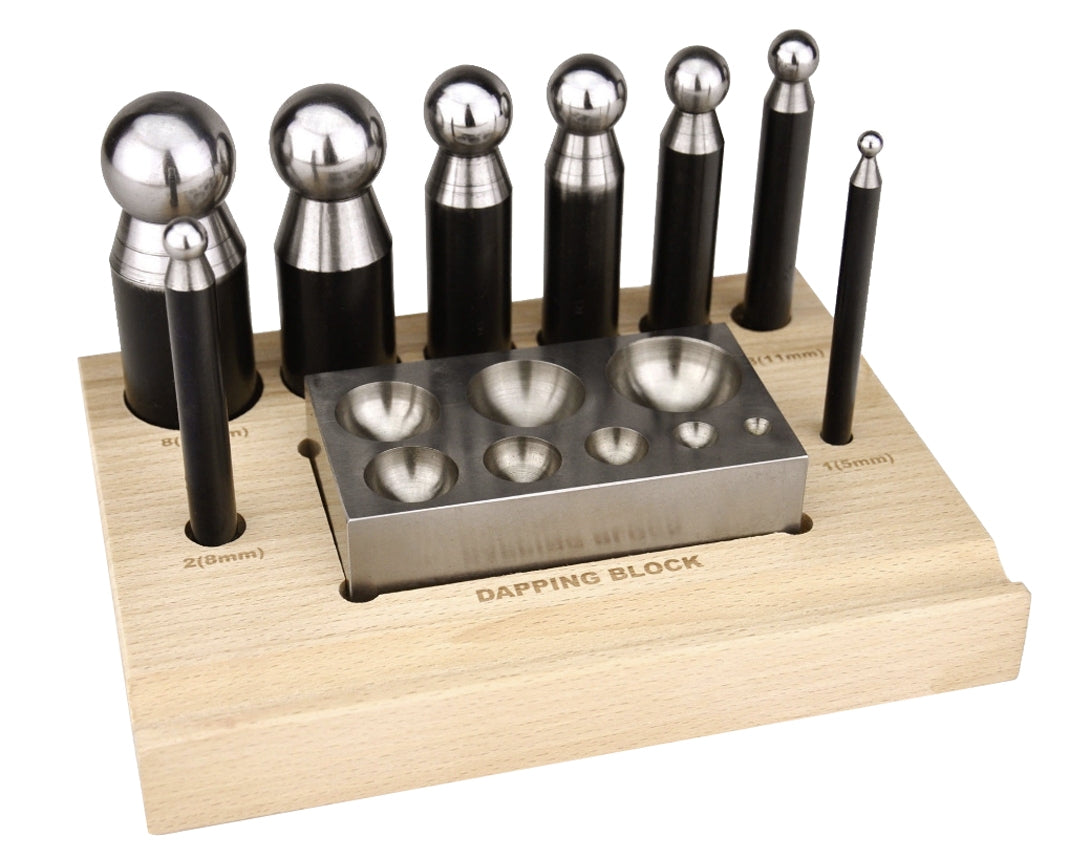 8 piece steel dapping doming punch block set with doming punches 5mm to 27mm and wooden base for jewelry making