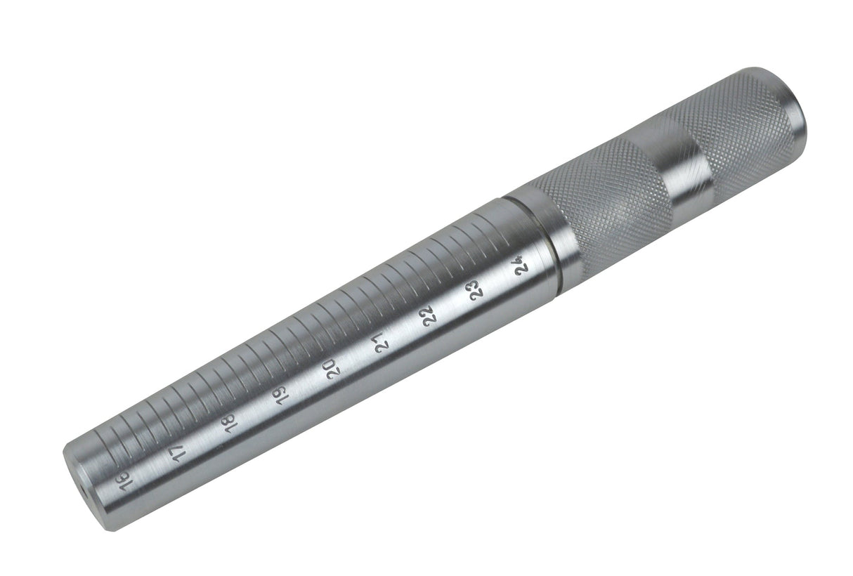 Large steel ring mandrel with laser-engraved sizes 16 to 24 for precise ring sizing and jewelry making.