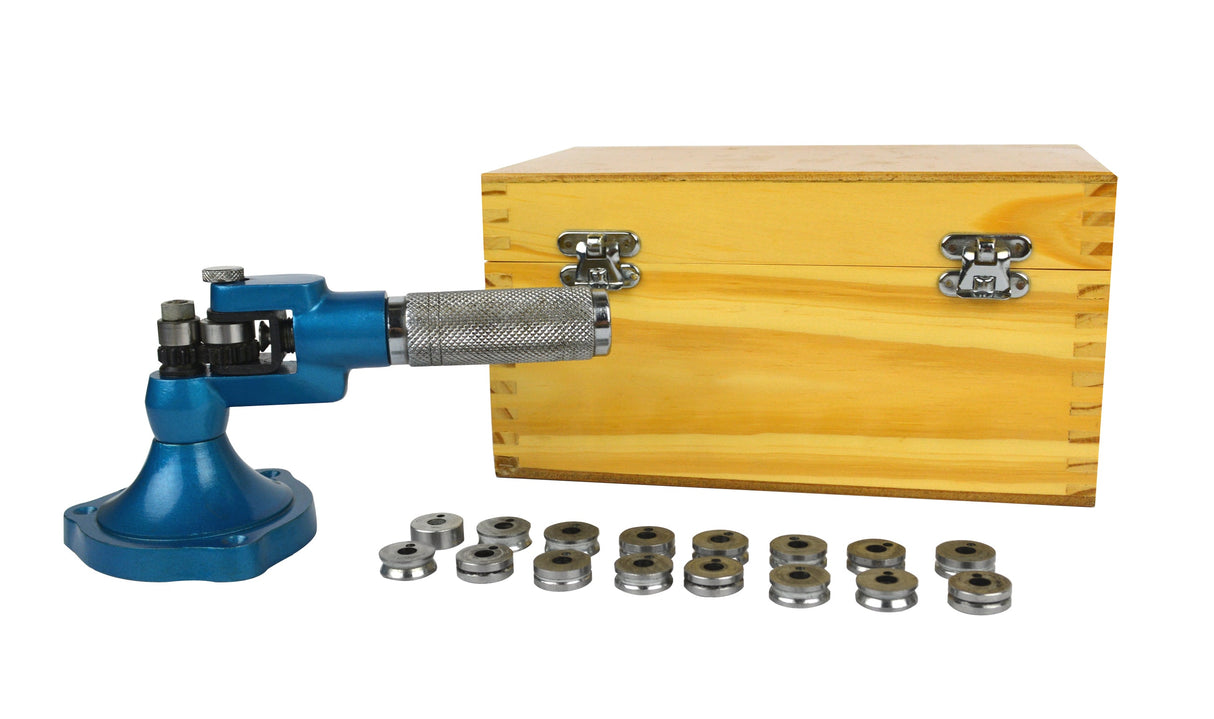 Deluxe Stone Set Ring Stretcher with 16 dies and wooden storage box for precise ring resizing.