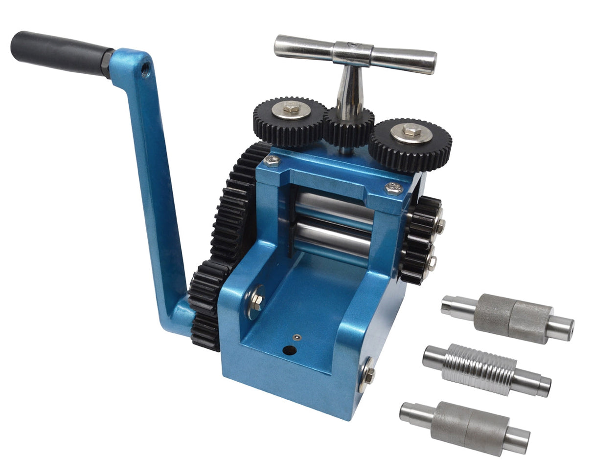 3" mini flat design metal rolling mill with blue tempered steel frame and polished rollers for jewelry and metalworking projects