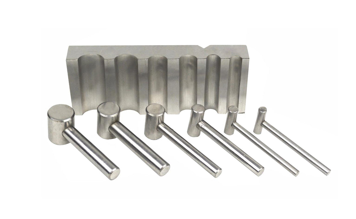 Steel U-channel swage forming dapping block with 8 steel hammer punches for metal shaping and doming