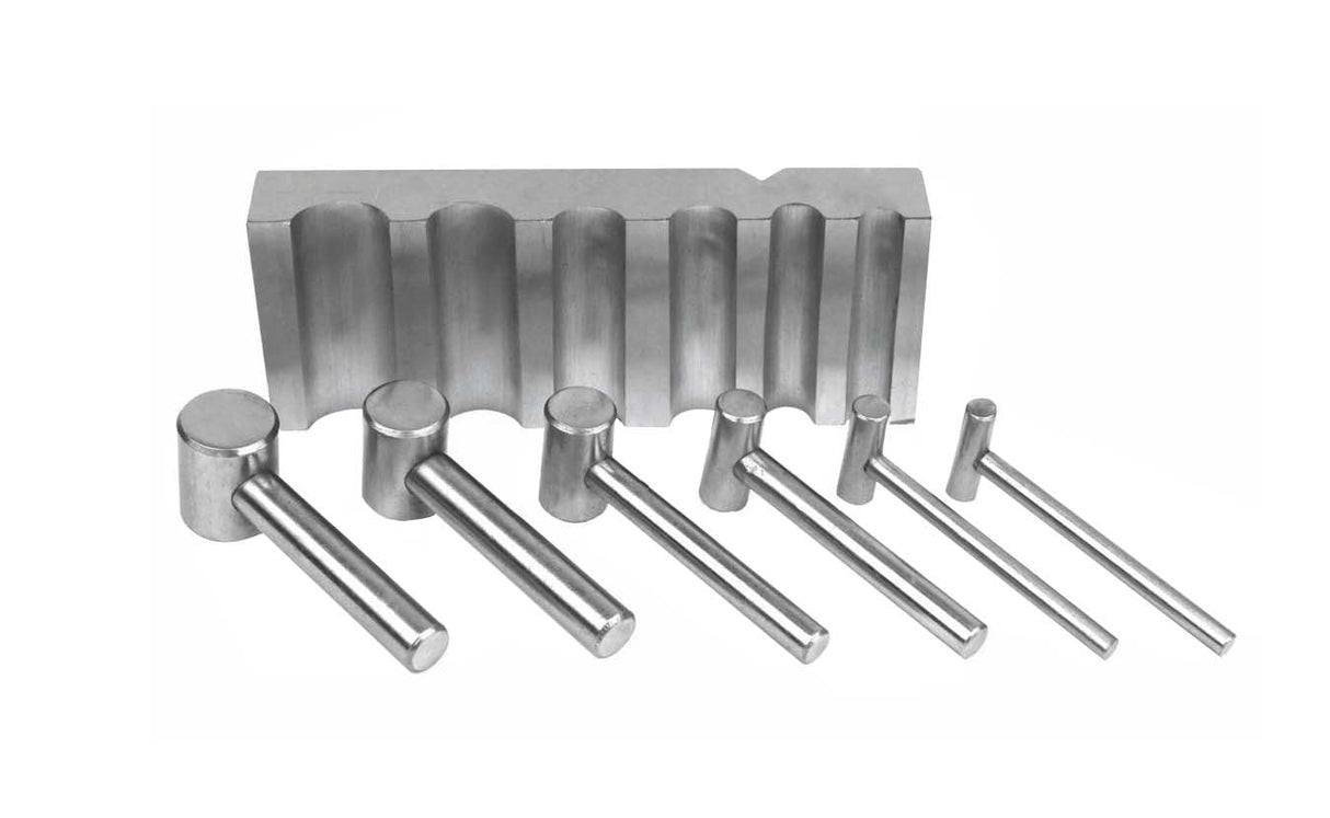 Steel U-Channel swage forming dapping block with six steel hammer punches for metal shaping