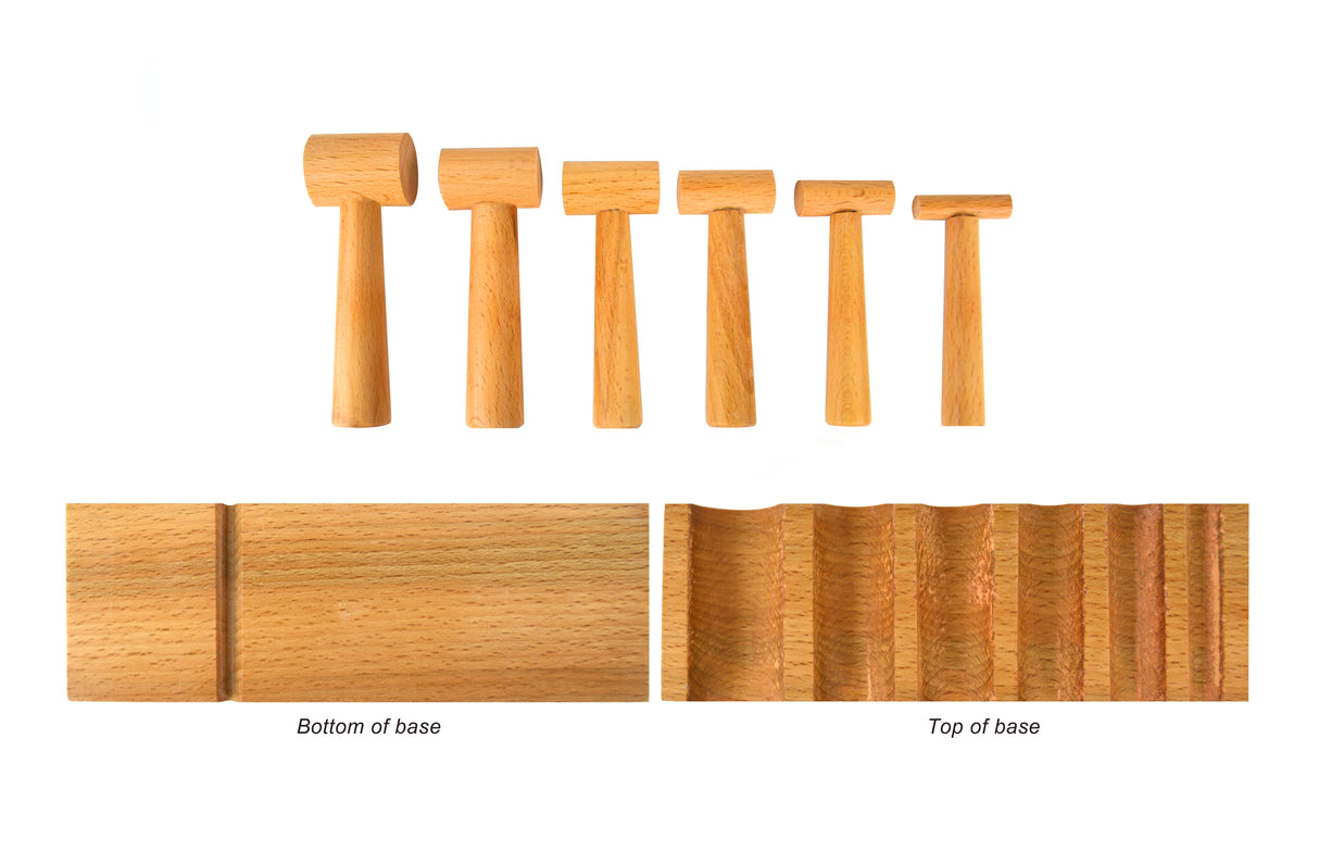 Hardwood U-channel forming block with six matching wooden hammers for precise shaping and metalworking projects