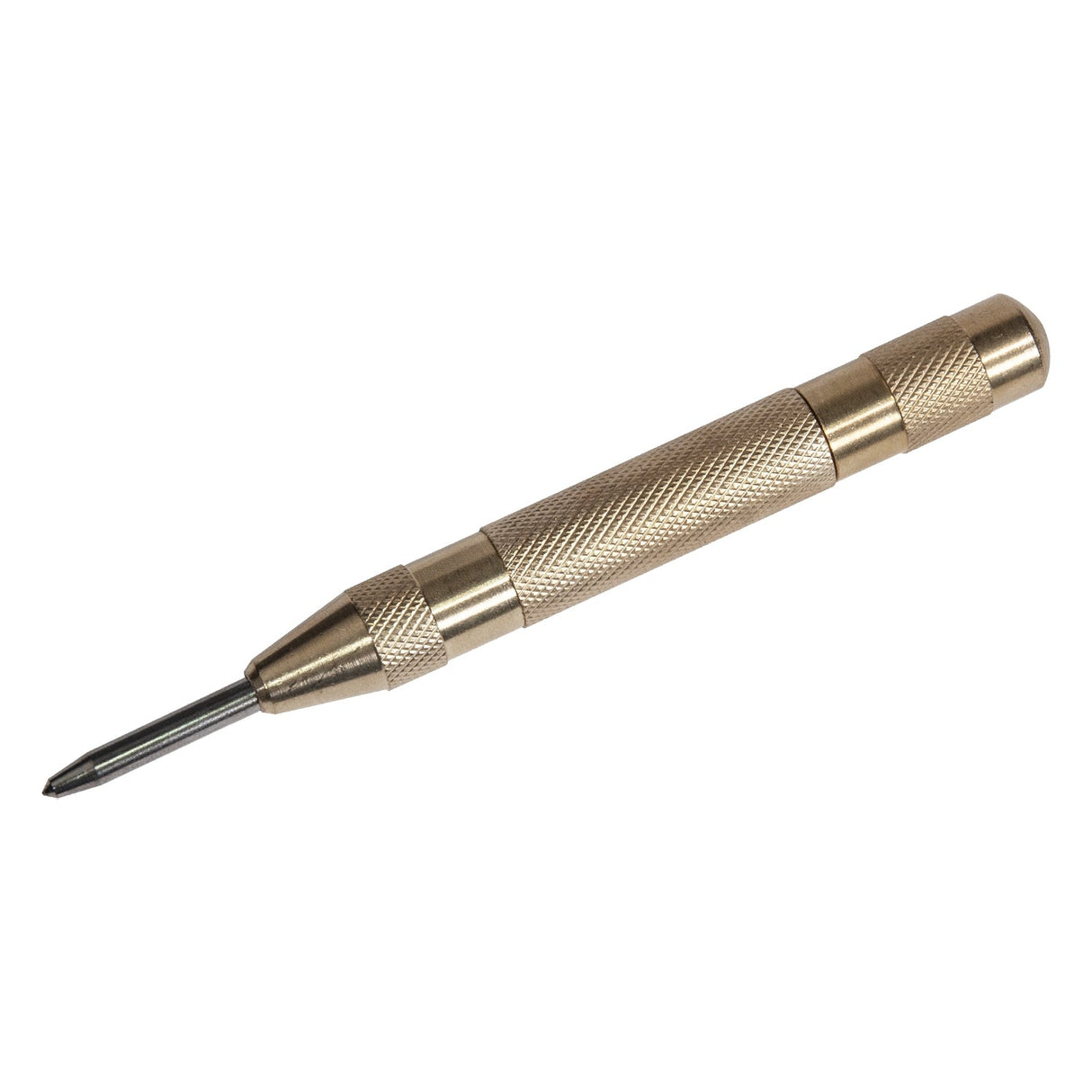 5" automatic brass center punch with high-carbon steel tip for precise metal marking and one-handed operation