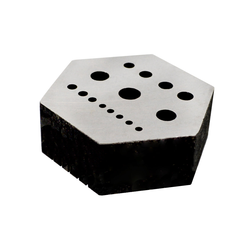 Riveting hexagonal stake anvil with 15 holes and 5 serrations for metalworking and wire riveting