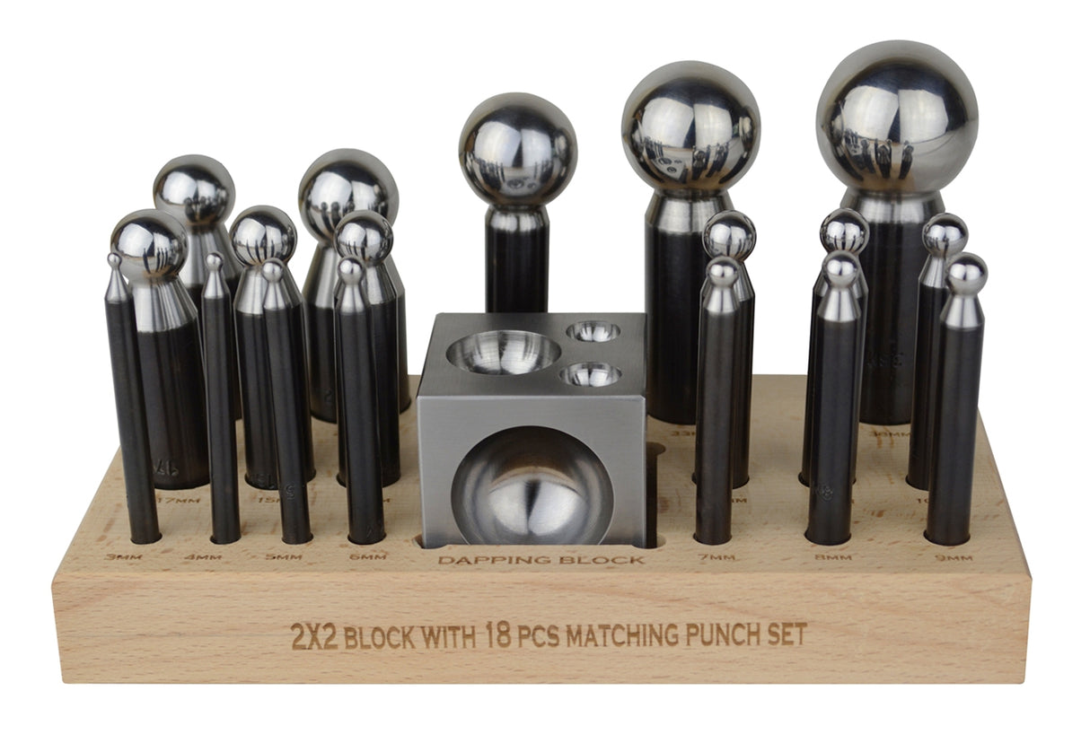 18-Piece Steel Dapping Punch Set with Dapping Block & Wooden Base by PMC Supplies