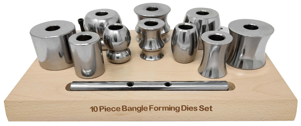 Bracelet Bangle Forming Set with 10 assorted polished steel die shapes on wooden base for jewelry making