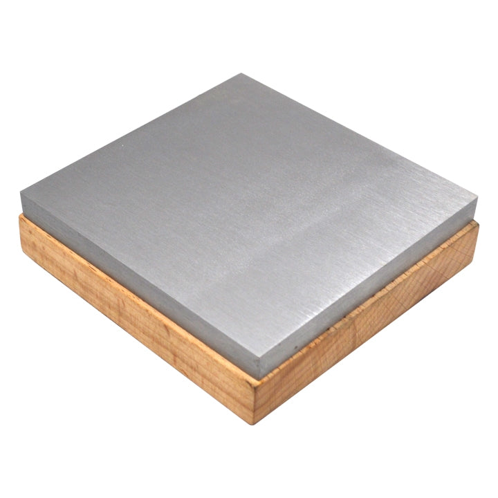 4x4 inch steel bench block with wooden base for metal stamping and jewelry making