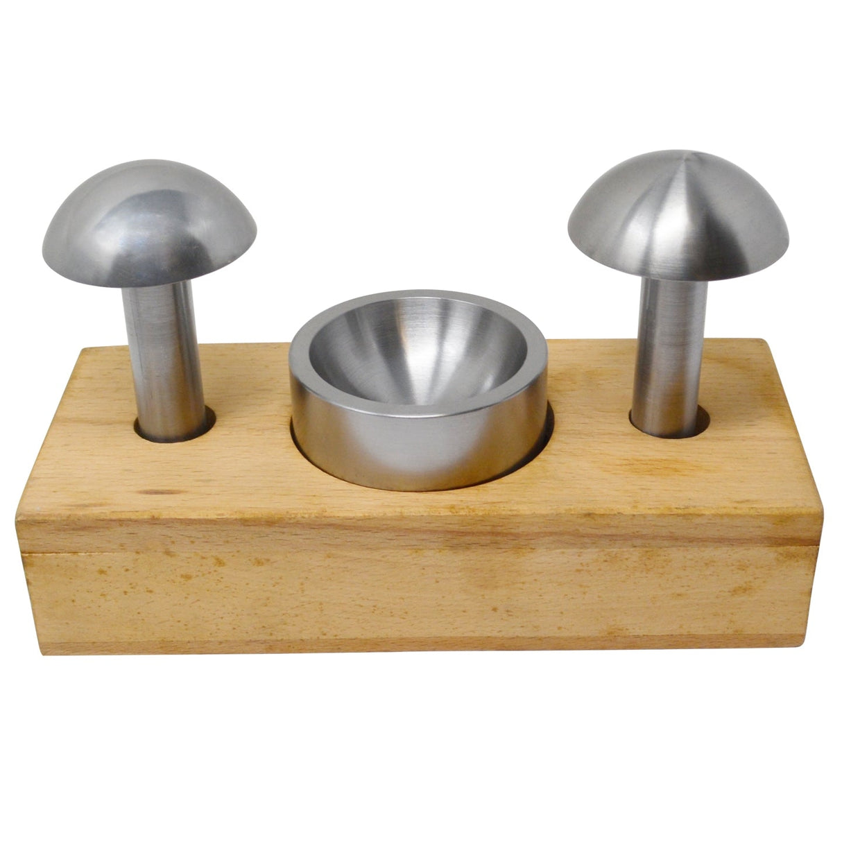 55 mm and 60 mm steel cupola dapping punch set with wooden block for metalsmithing