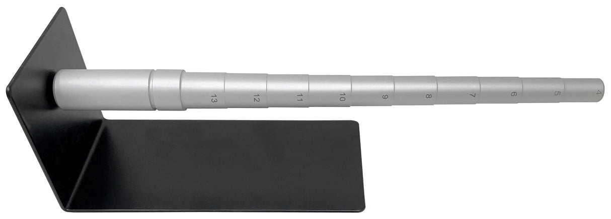 13-inch stepped ring mandrel on steel base with size markings 4 to 13 for precise ring sizing