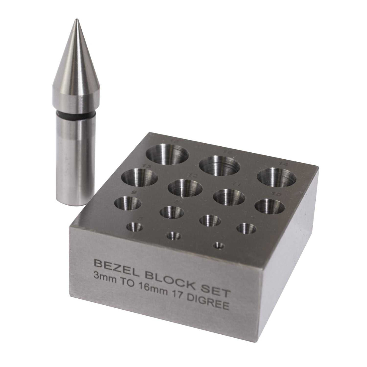 Round Bezel Block and Punch 17 Degree with 14 polished tapered holes for precise bezel forming 3-16mm stones