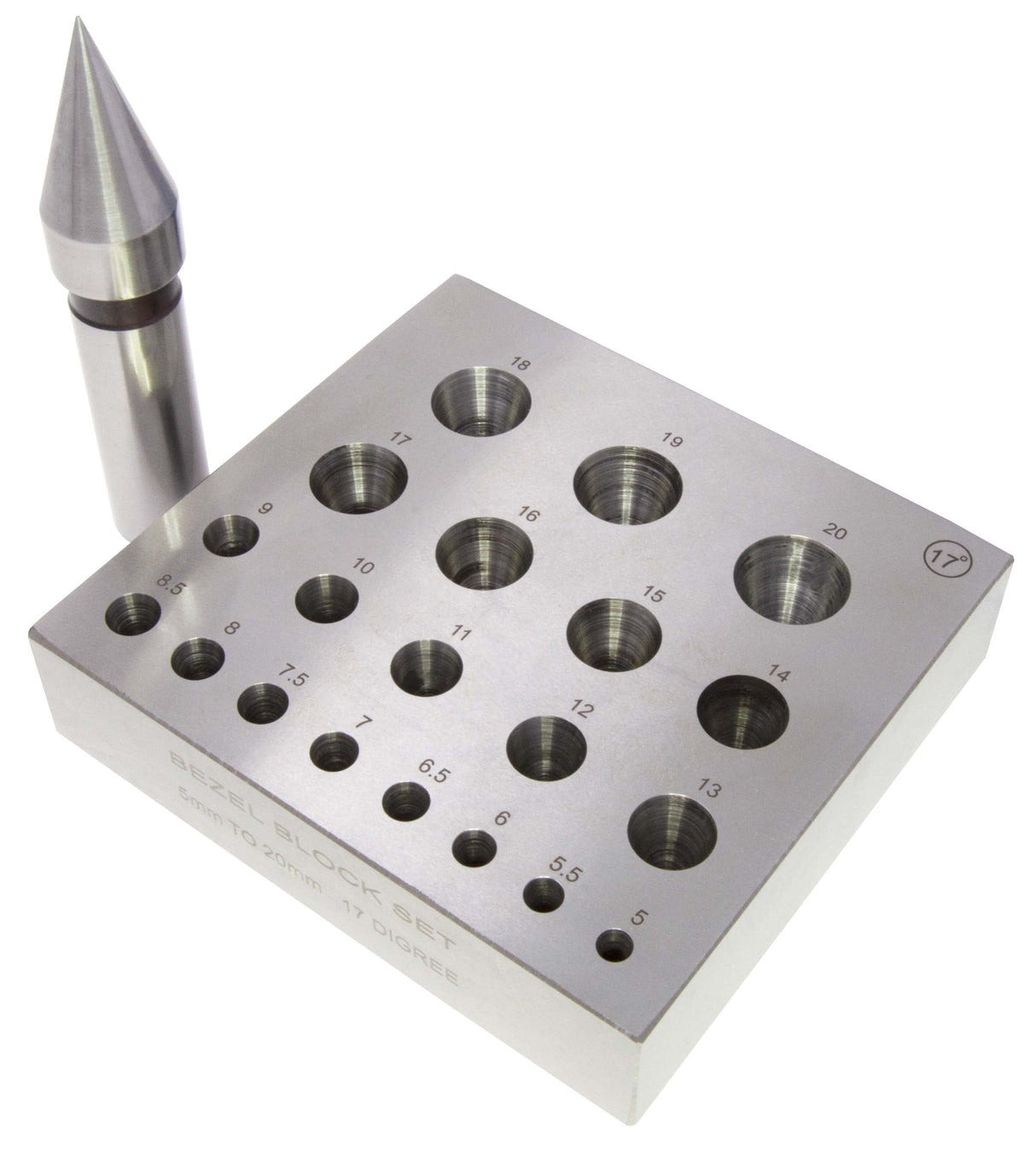 Round bezel block and punch set with 20 tapered holes and hardened steel punch for precise jewelry bezel shaping.