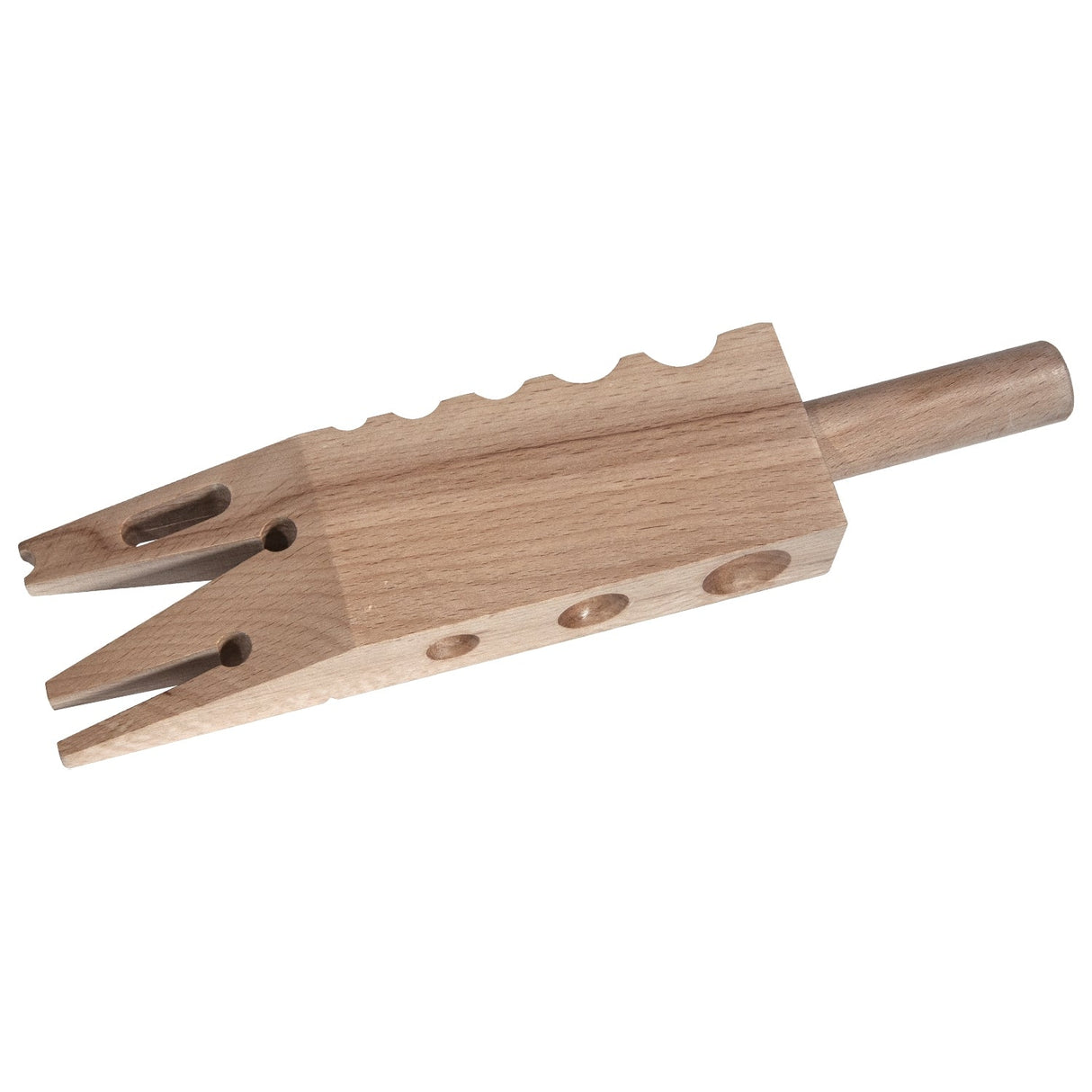 Multiform Hardwood Bench Pin with V-slots and semi-circular channels for Benchtop Mandrel Holder