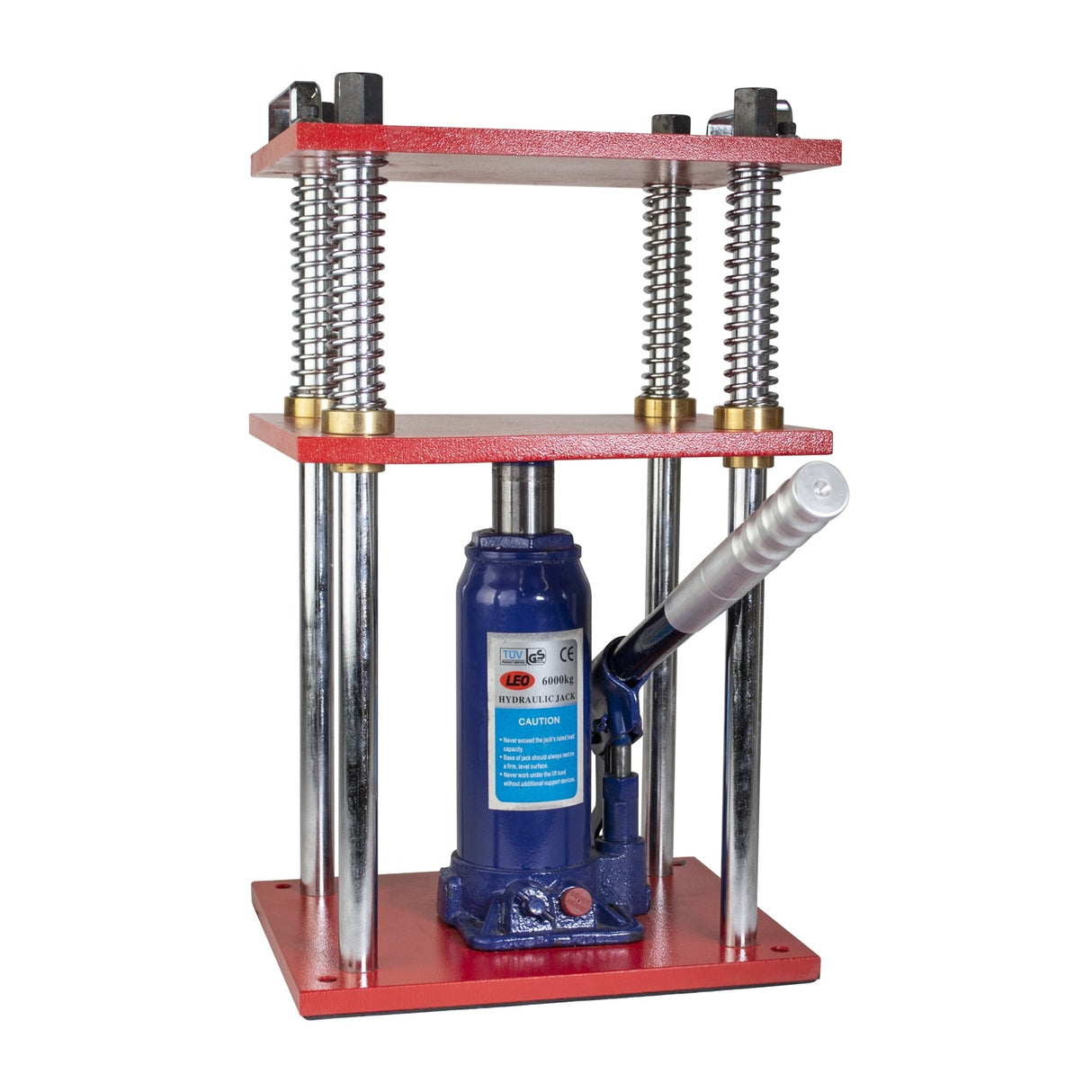 6-ton hydraulic press with red frame and blue hydraulic jack for precision metalworking
